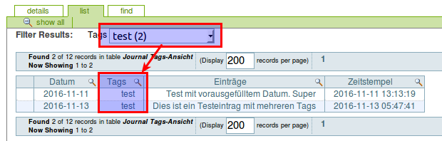 Tagsfilter aktiv
