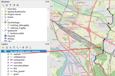 QGIS: Das Ergebnis - ein Wanderweg mit der Oberflächenbeschaffenheit